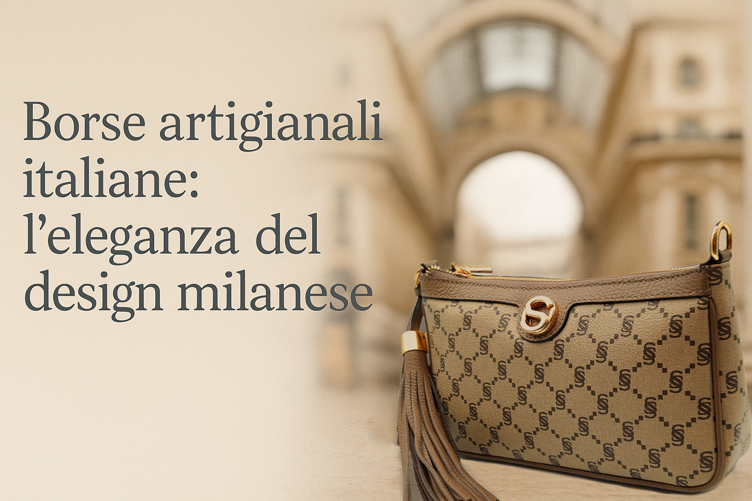Borsa artigianale italiana davanti alla Galleria Vittorio Emanuele di Milano, design I Santi Bags